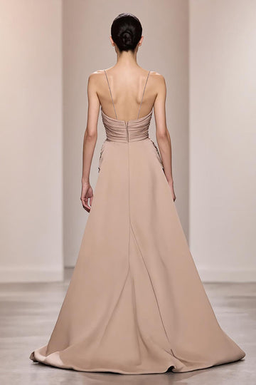 Champagne Satin Ruched Long Formal Dress with Slit